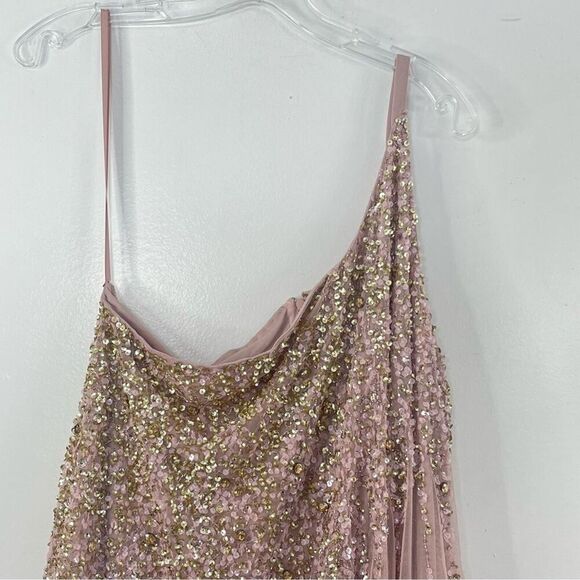 Mac Duggal 9224 Size 14 One Shoulder Embellished Trapeze A-Line Gown, Tan/Blush - Picture 6 of 10